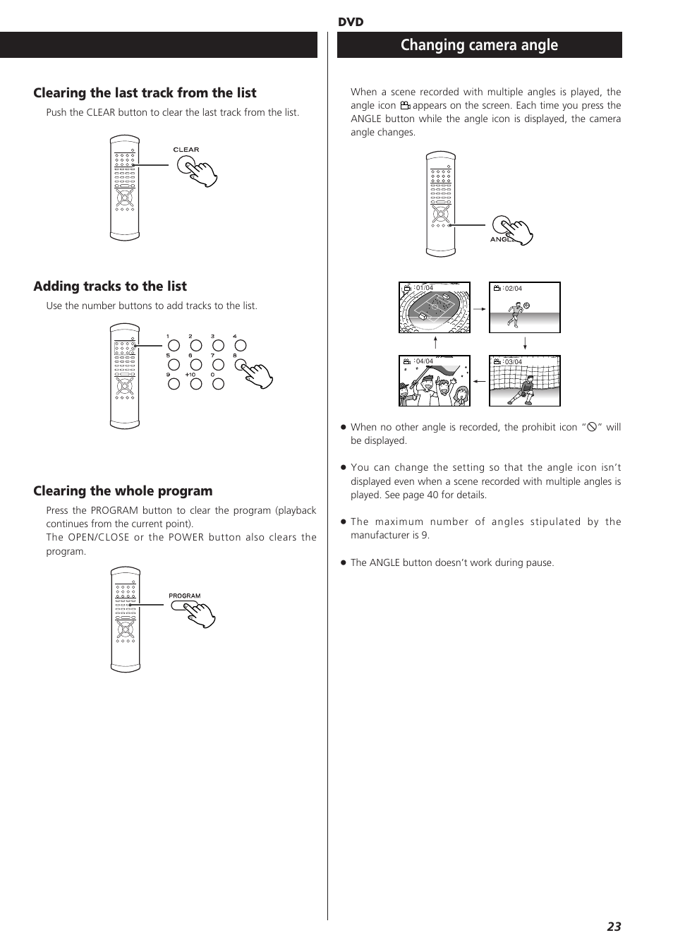 Changing camera angle, Clearing the last track from the list, Adding tracks to the list | Clearing the whole program | Esoteric D00864200A User Manual | Page 23 / 48