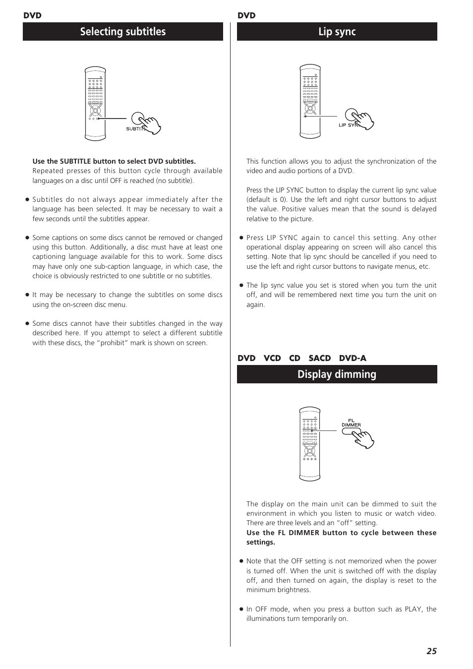 Display dimming, Lip sync, Selecting subtitles | Esoteric D00864200A User Manual | Page 25 / 48