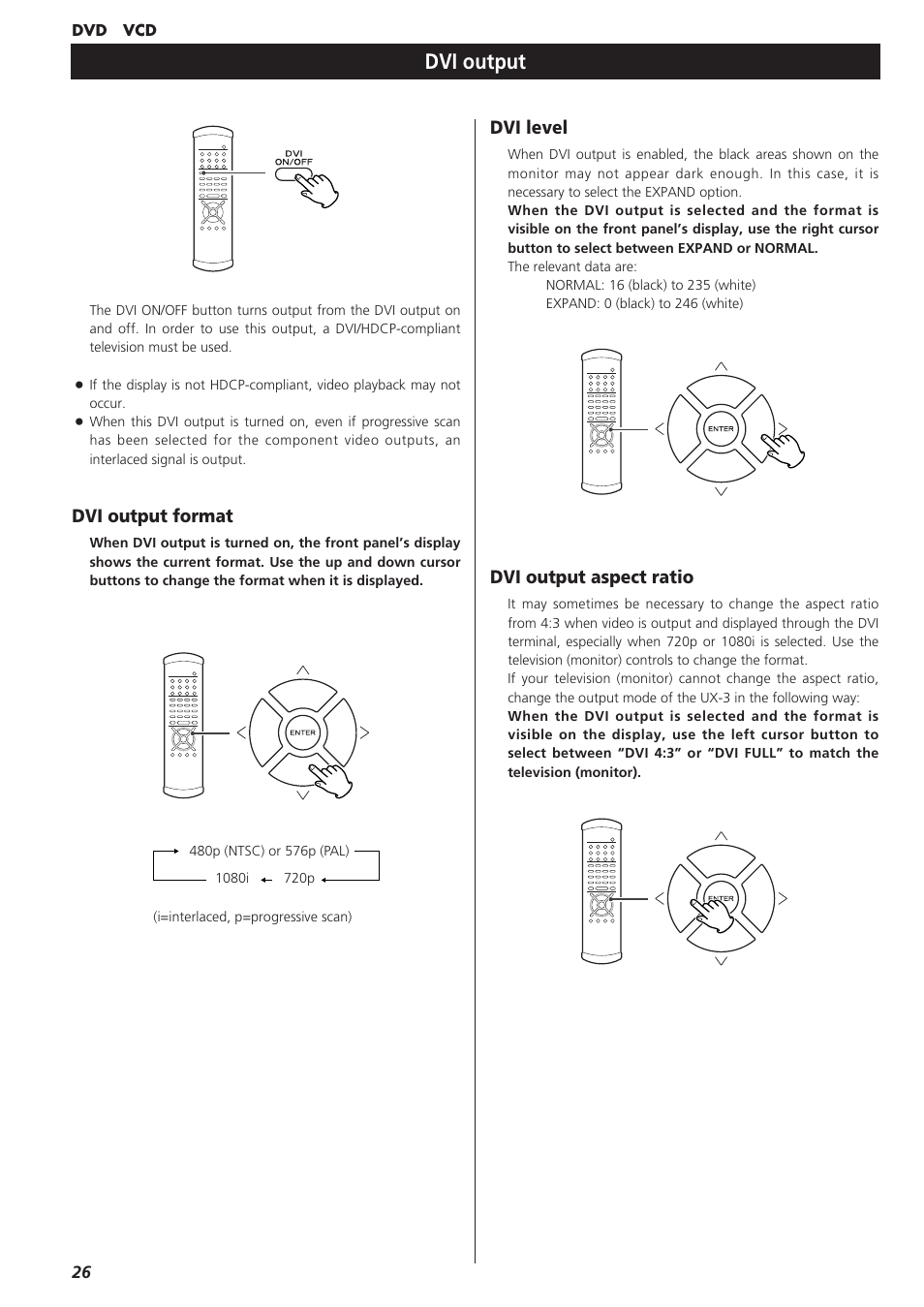 Dvi output, Dvi output format, Dvi level | Dvi output aspect ratio | Esoteric D00864200A User Manual | Page 26 / 48