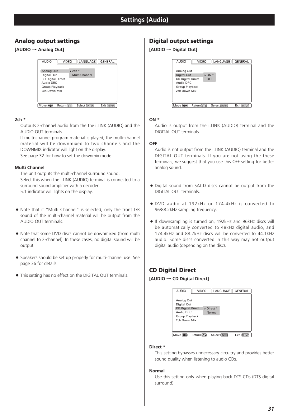 Cd playback mode, Digital output settings, Analog output settings | Settings (audio), Cd digital direct | Esoteric D00864200A User Manual | Page 31 / 48