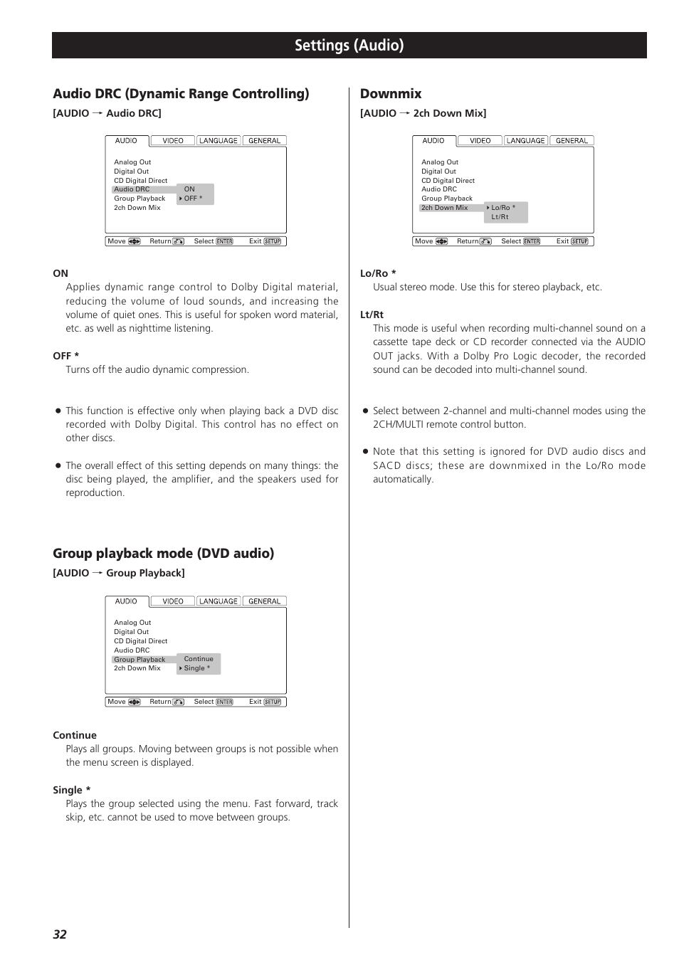 Audio drc (dynamic range con, Downmix, Group playback mode (dvd audio) | Settings (audio), Audio drc (dynamic range controlling) | Esoteric D00864200A User Manual | Page 32 / 48