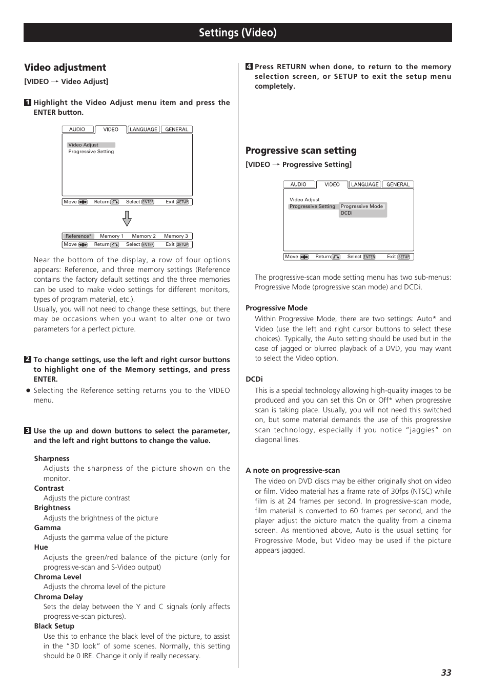 Progressive scan setting, Video adjustment, Settings (video) | Esoteric D00864200A User Manual | Page 33 / 48