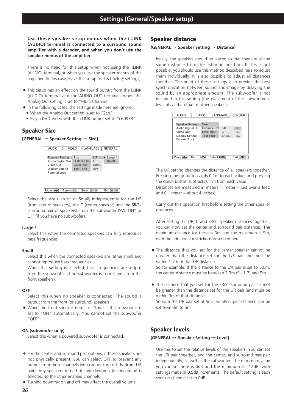 Speaker setup, Settings (general/speaker setup), Speaker size | Speaker distance, Speaker levels | Esoteric D00864200A User Manual | Page 36 / 48