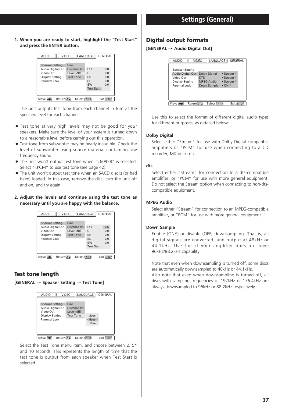 Digital output formats, Test tone length, Speaker levels | Settings (general) | Esoteric D00864200A User Manual | Page 37 / 48