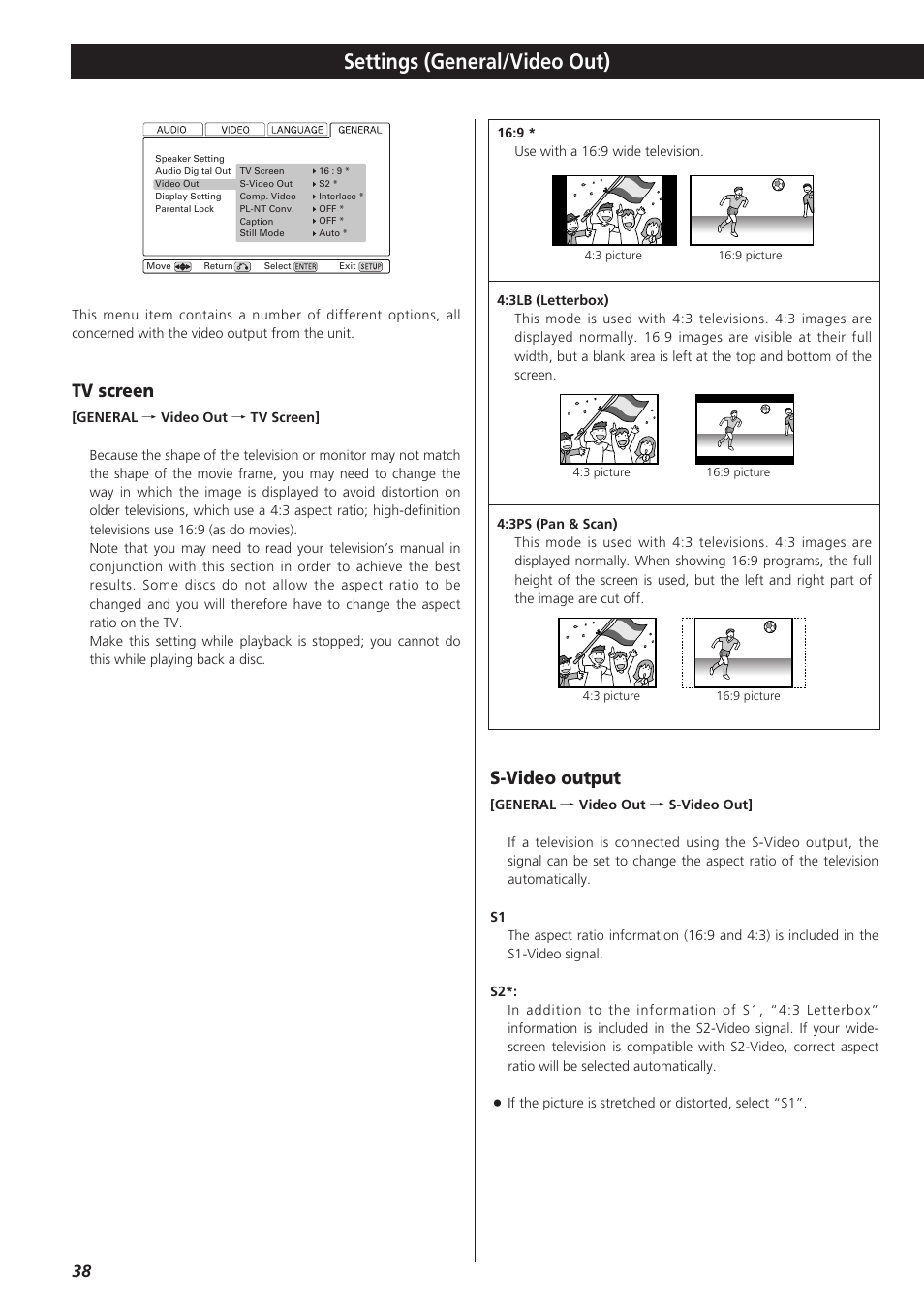 S-video output, Tv screen, Settings (general/video out) | Esoteric D00864200A User Manual | Page 38 / 48