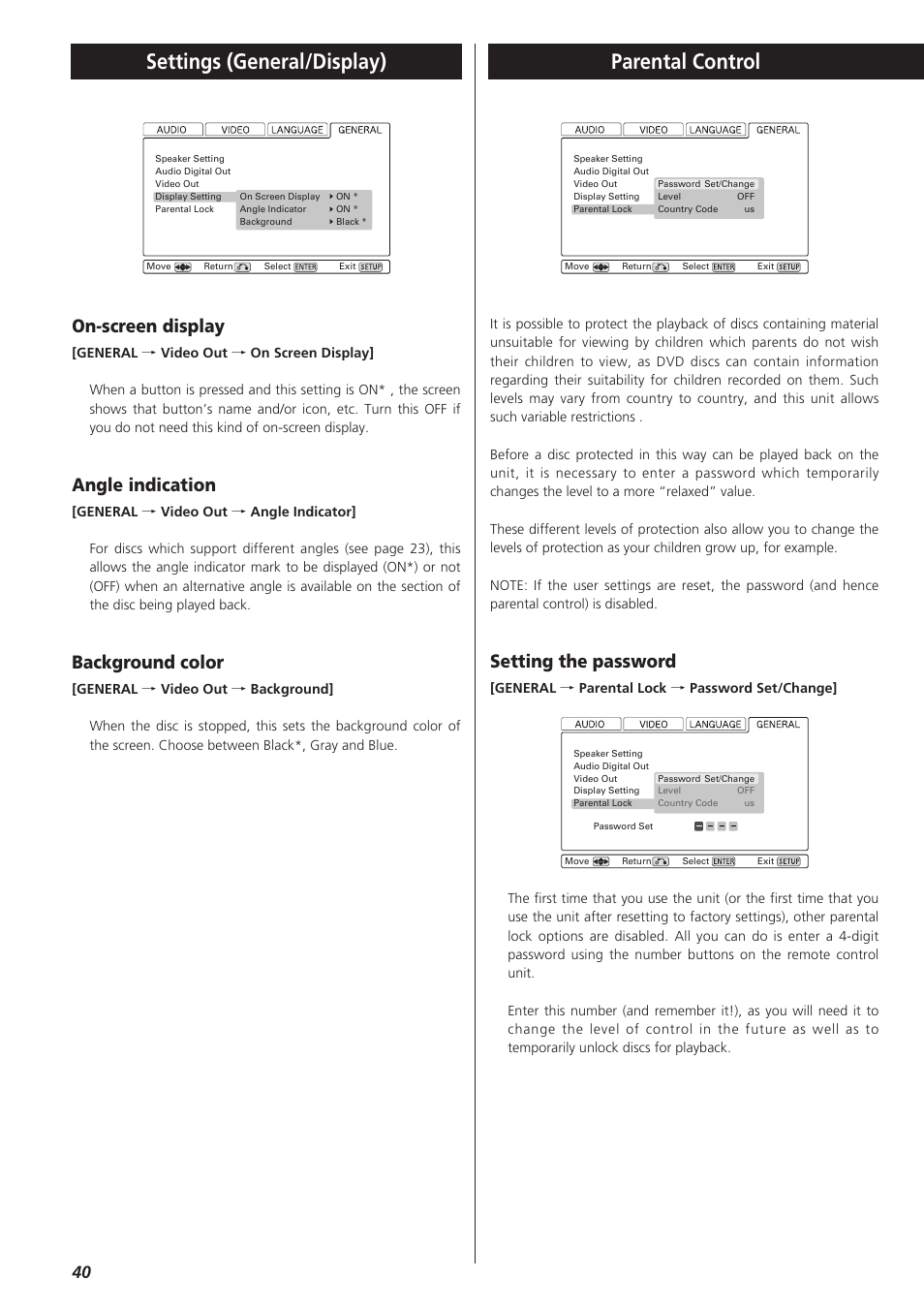 On-screen display, Angle indication, Background color | Parental control, Settings (general/display), Setting the password | Esoteric D00864200A User Manual | Page 40 / 48