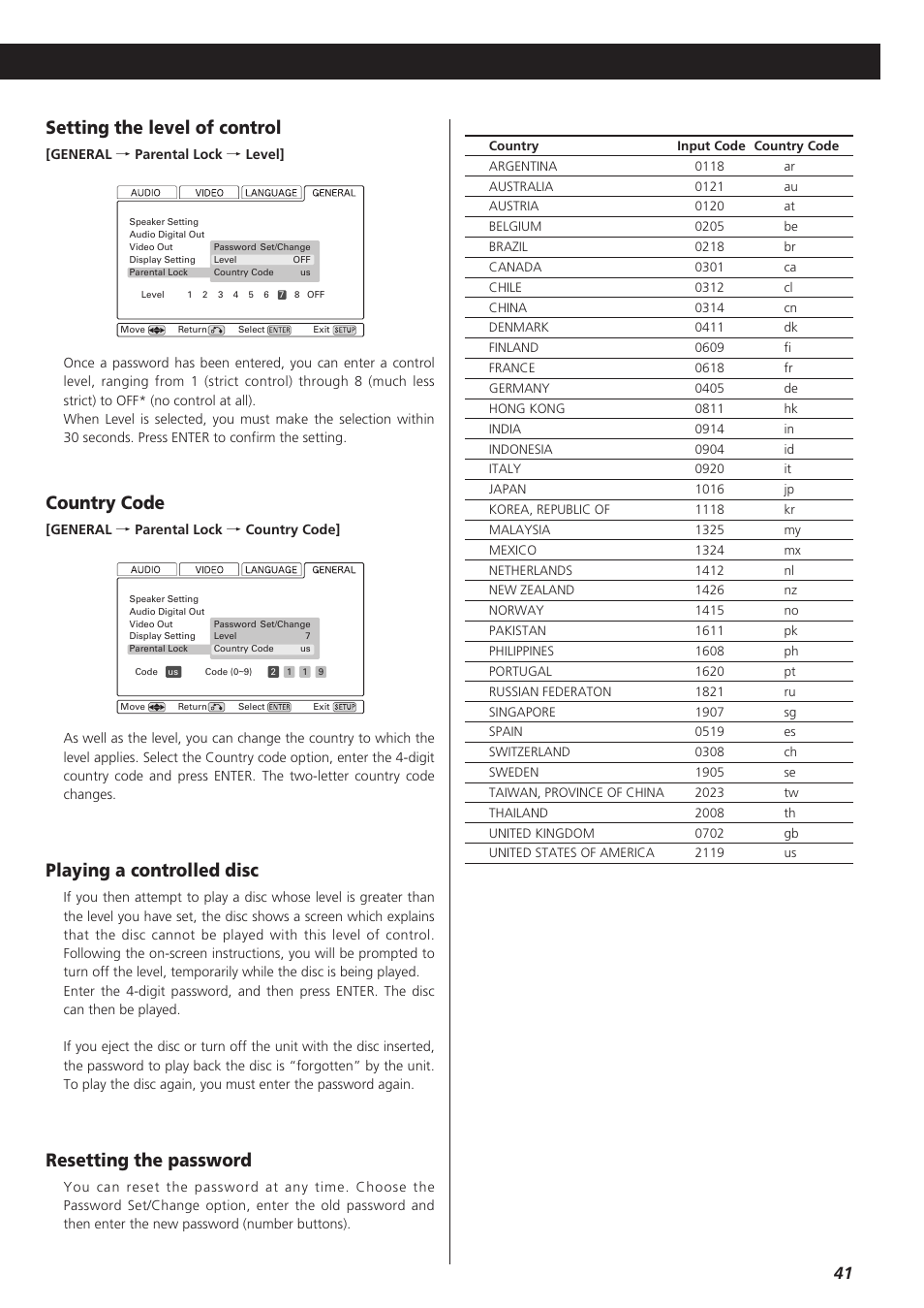 Playing a controlled disc, Resetting the password, Setting the level of control | Country code | Esoteric D00864200A User Manual | Page 41 / 48