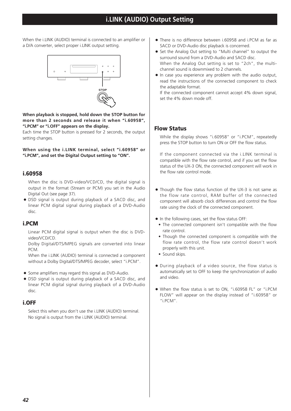 I.link(audio) output setting, I.link (audio) output setting, I.pcm | I.off, Flow status | Esoteric D00864200A User Manual | Page 42 / 48