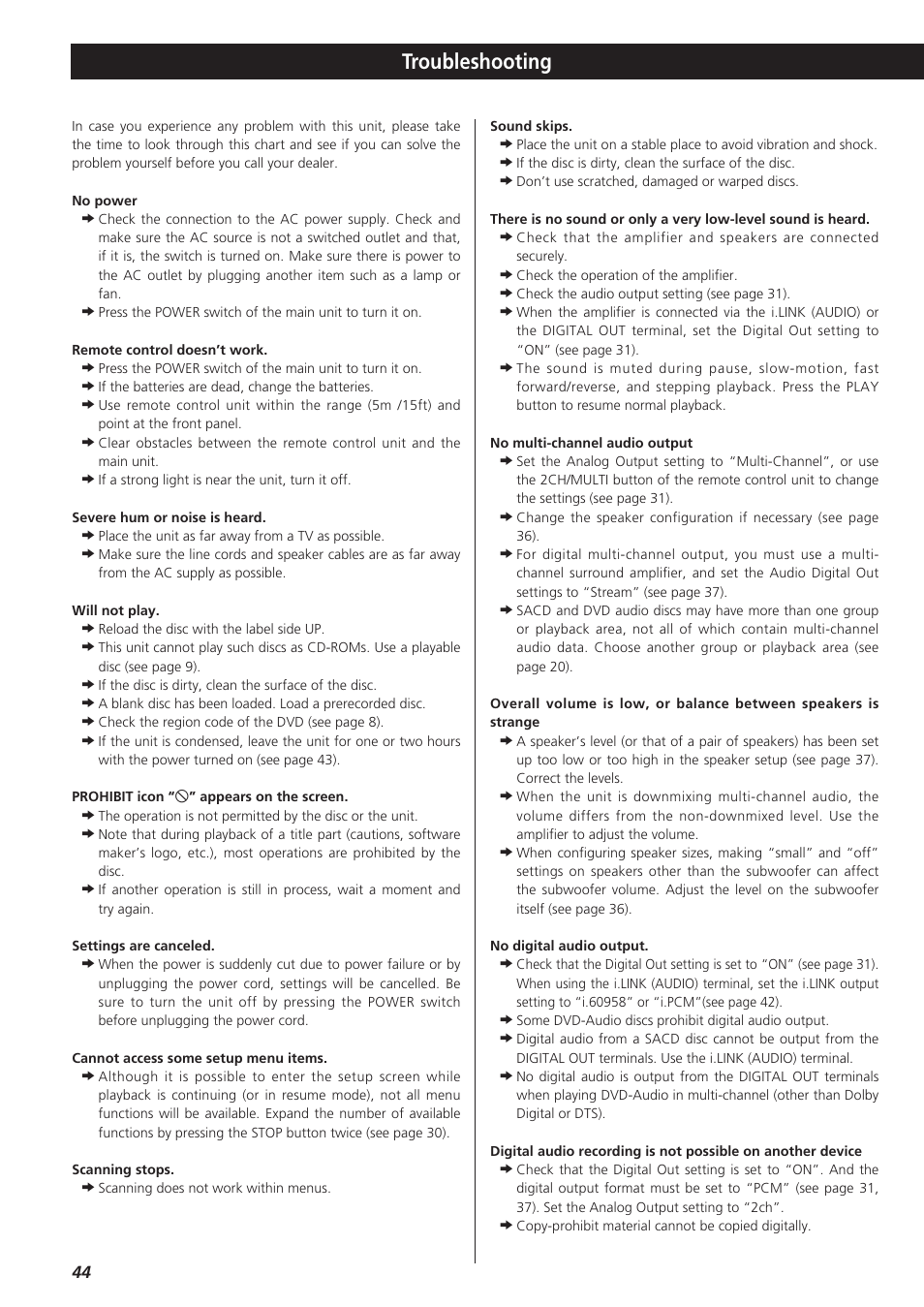 Troubleshooting | Esoteric D00864200A User Manual | Page 44 / 48