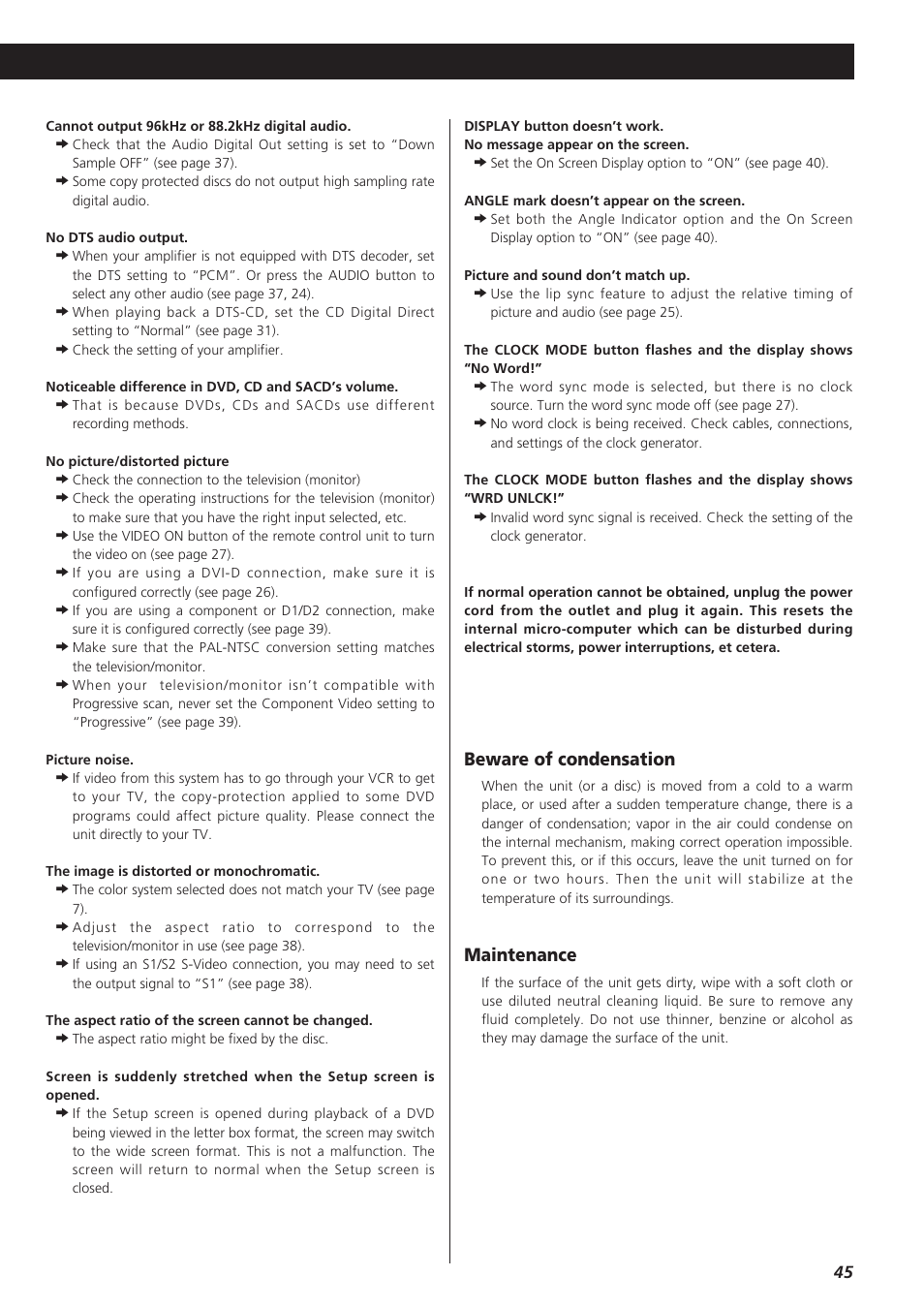 Beware of condensation, Maintenance | Esoteric D00864200A User Manual | Page 45 / 48