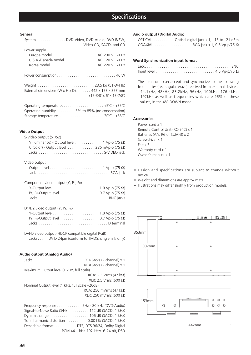 Specificatioins, Specifications | Esoteric D00864200A User Manual | Page 46 / 48