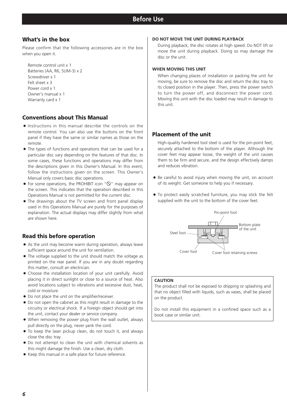 Before use, What’s in the box, Conventions about this manual | Read this before operation, Placement of the unit | Esoteric D00864200A User Manual | Page 6 / 48