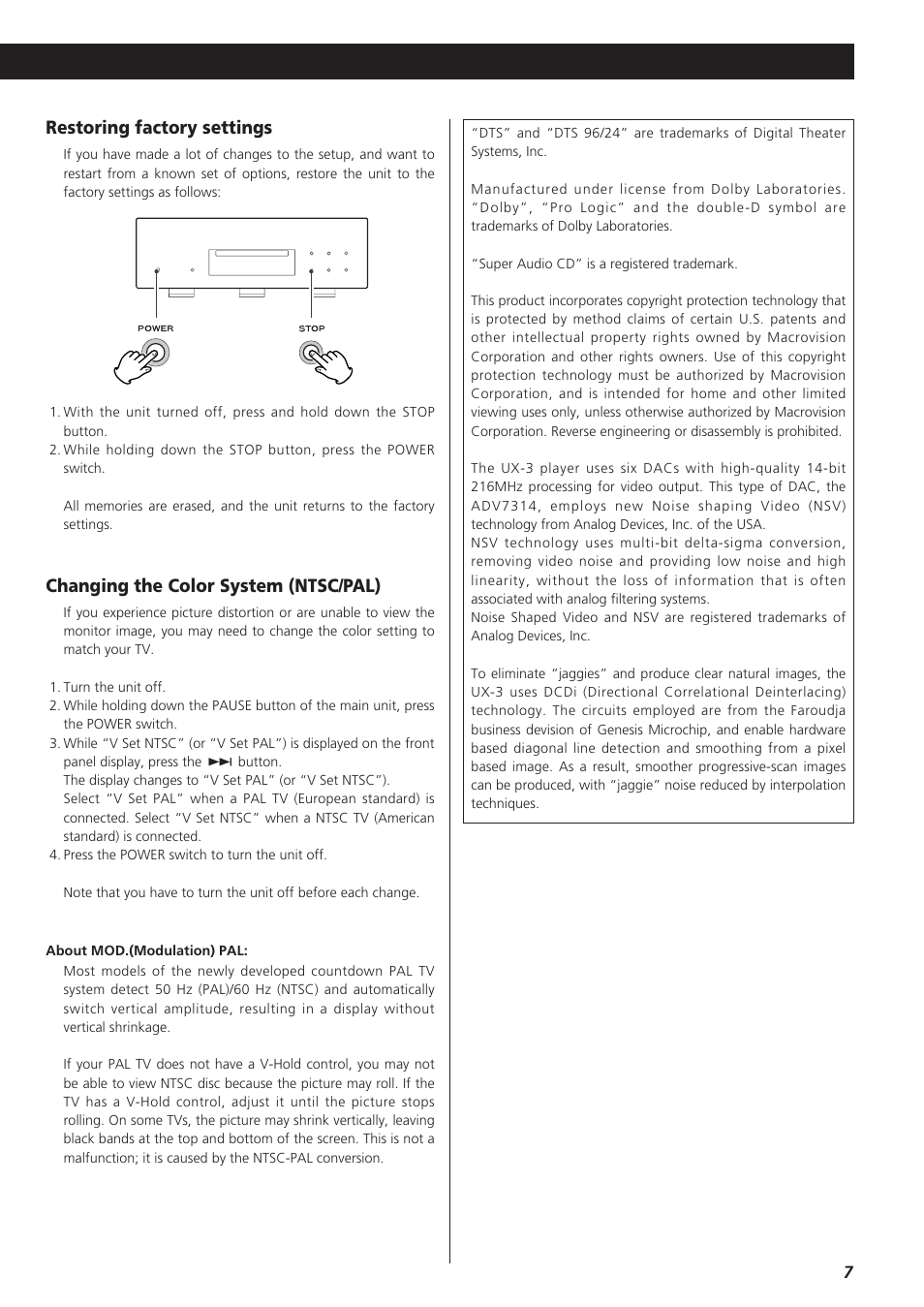 Restoring factory settings, Changing the color system (ntsc/pal) | Esoteric D00864200A User Manual | Page 7 / 48