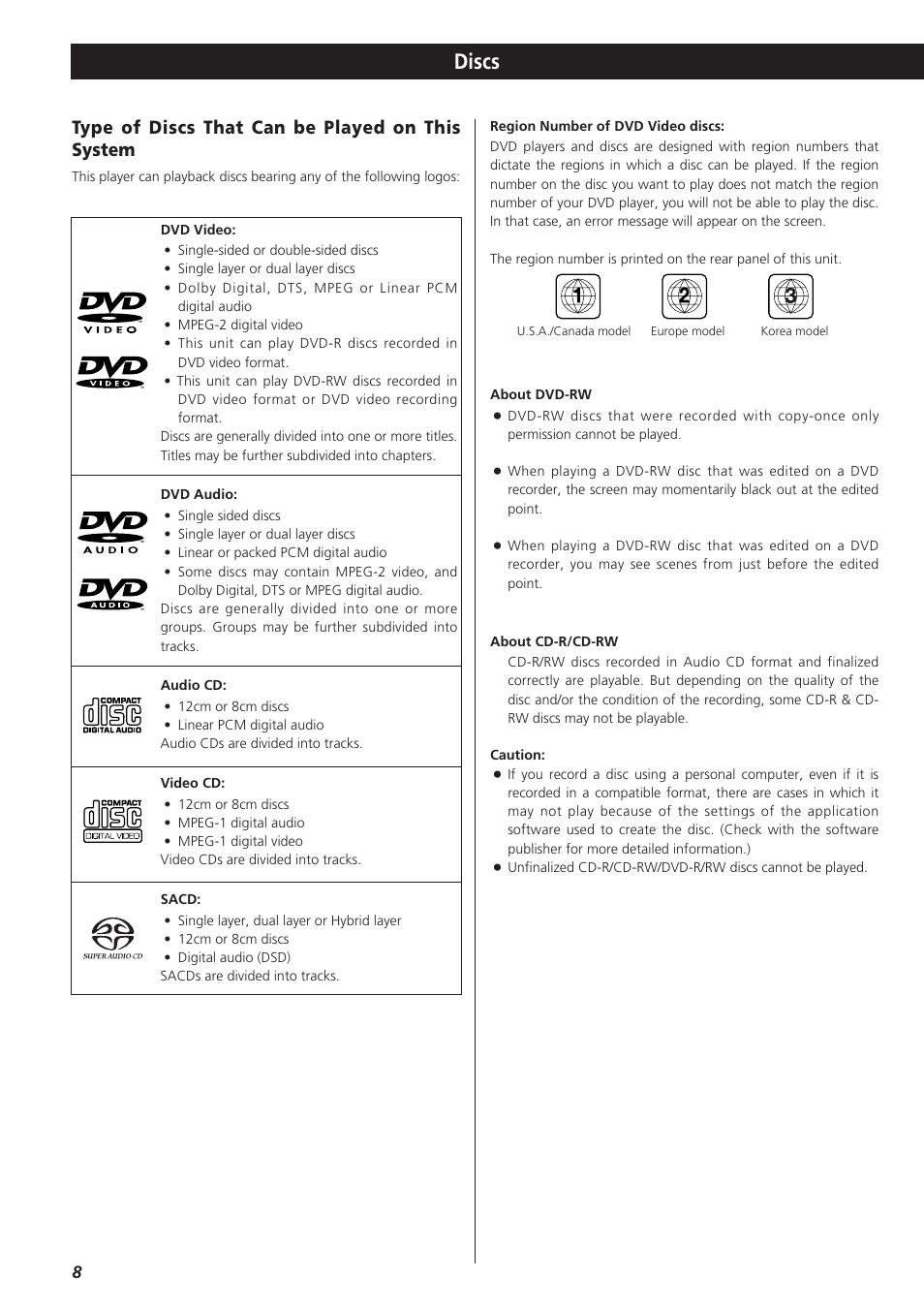 Discs, Type of discs that can be played on this system | Esoteric D00864200A User Manual | Page 8 / 48