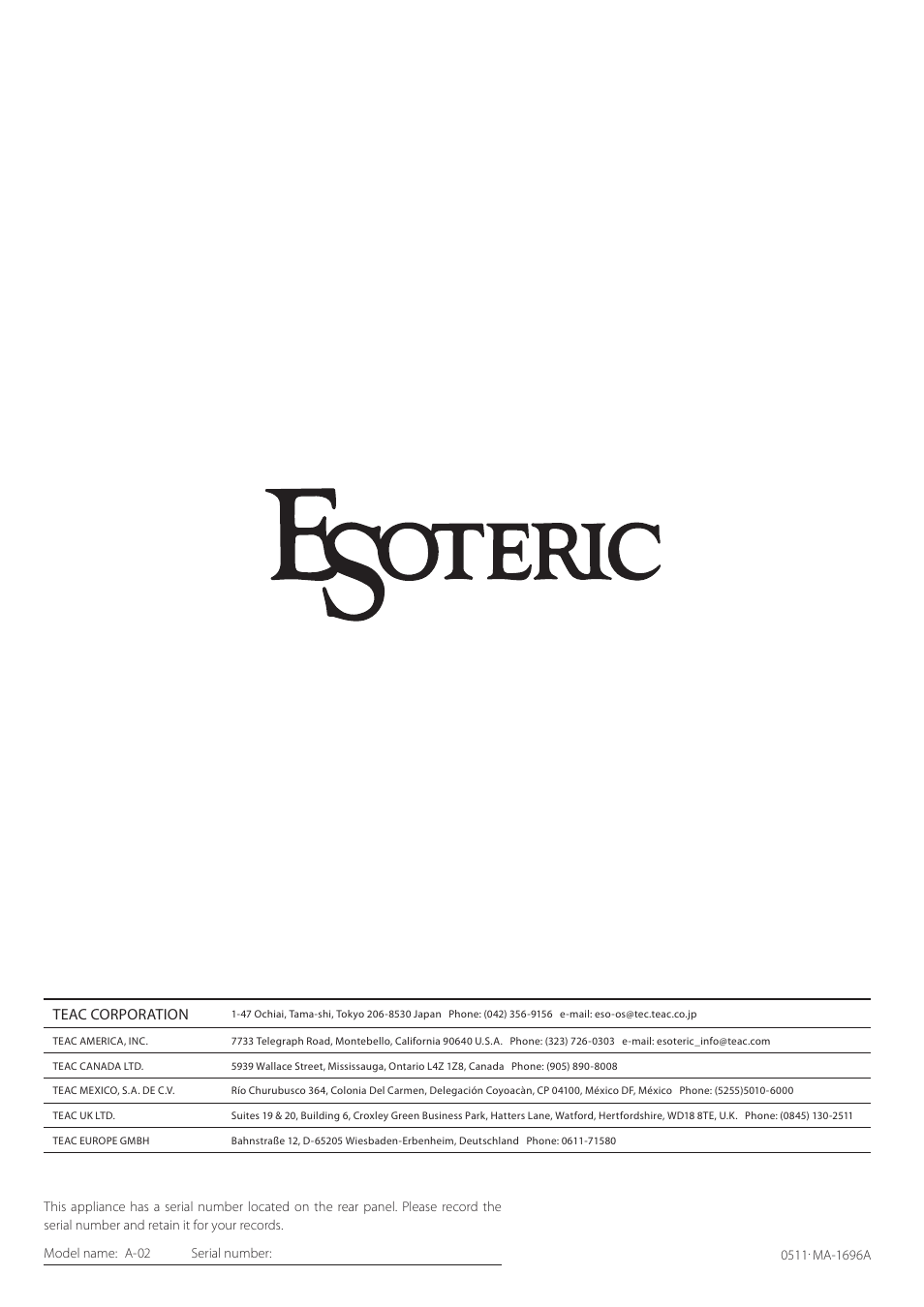 Teac corporation | Esoteric A-02 User Manual | Page 16 / 16