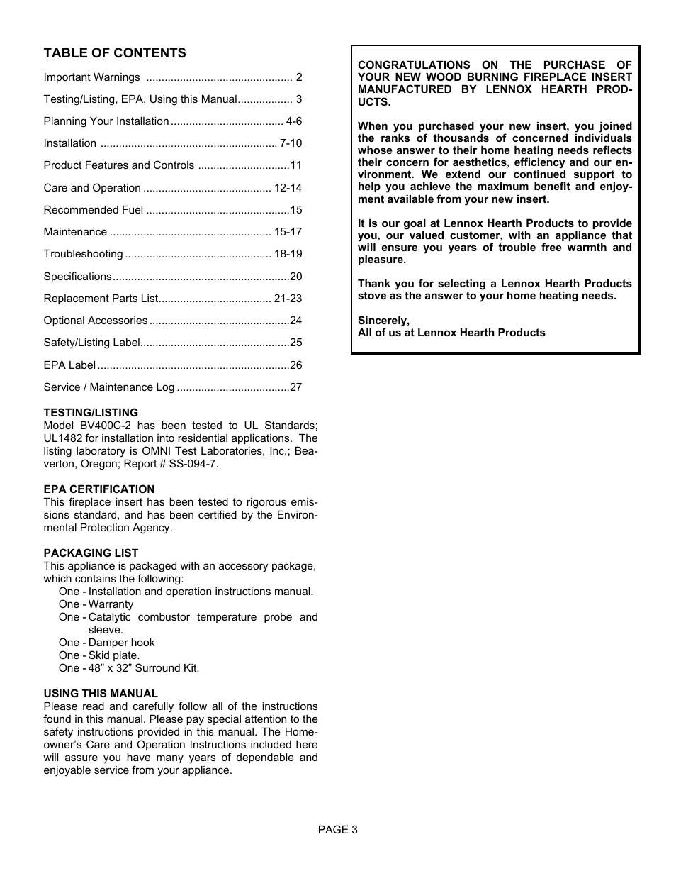 EarthStone EARTH STOVE BV400C-2 User Manual | Page 3 / 28