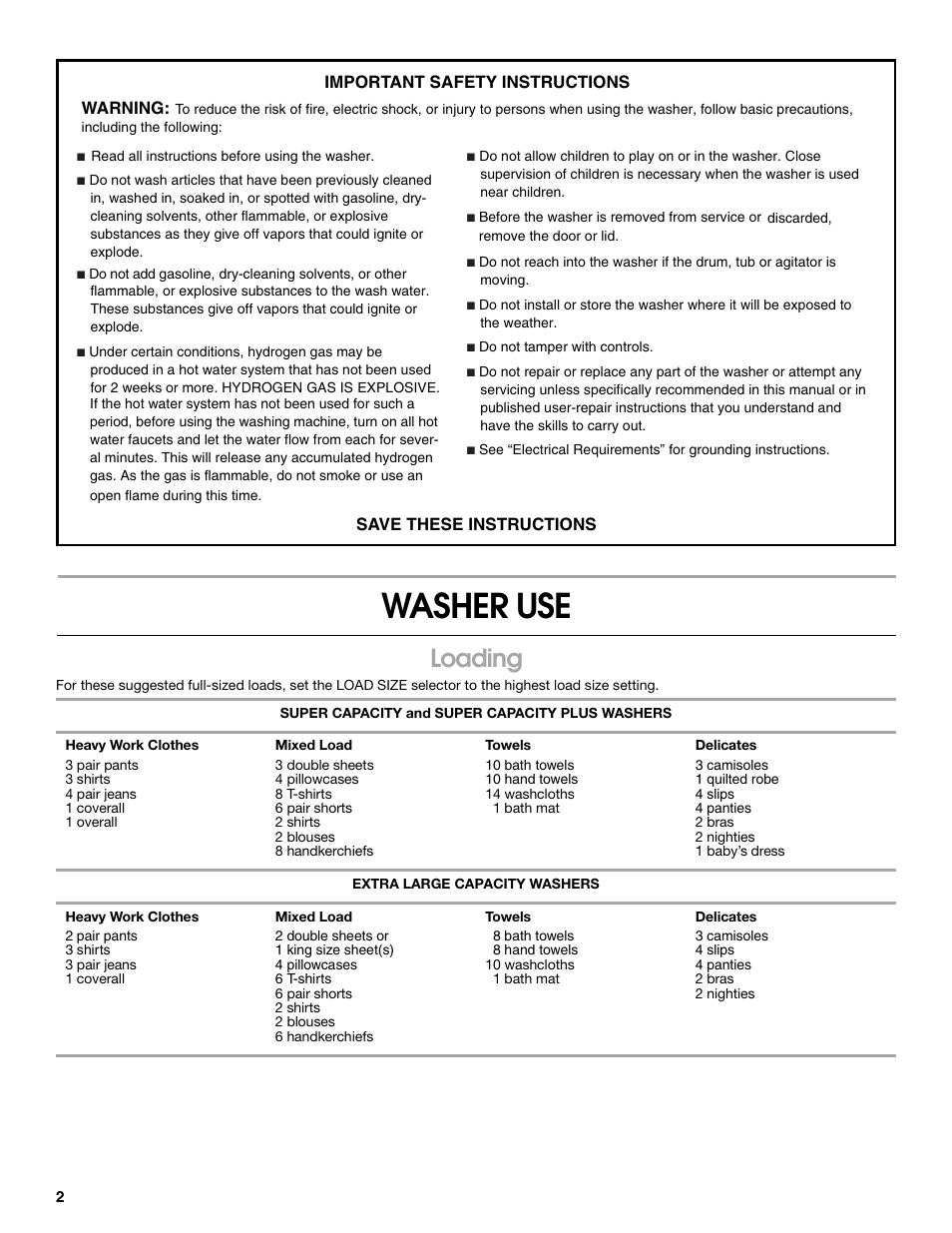 Washer use, Loading | Estate 3956873A User Manual | Page 2 / 8