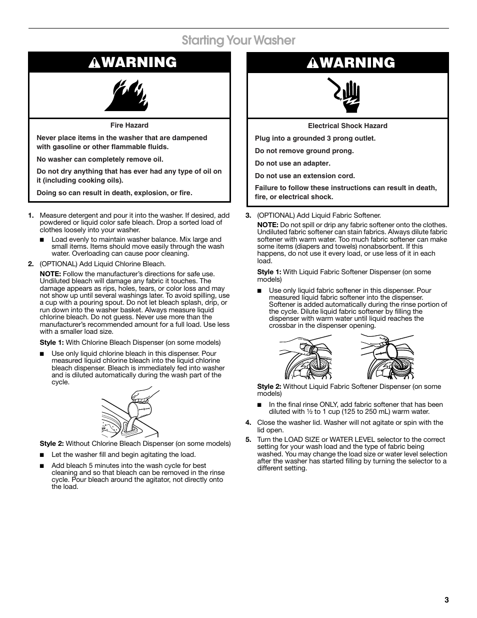 Warning, Starting your washer | Estate 3956873A User Manual | Page 3 / 8
