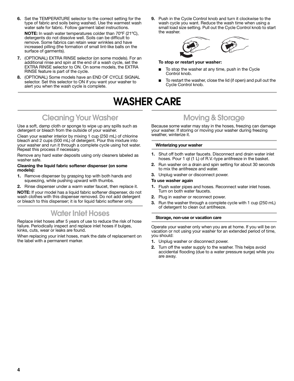 Washer care, Cleaning your washer, Water inlet hoses | Moving & storage | Estate 3956873A User Manual | Page 4 / 8
