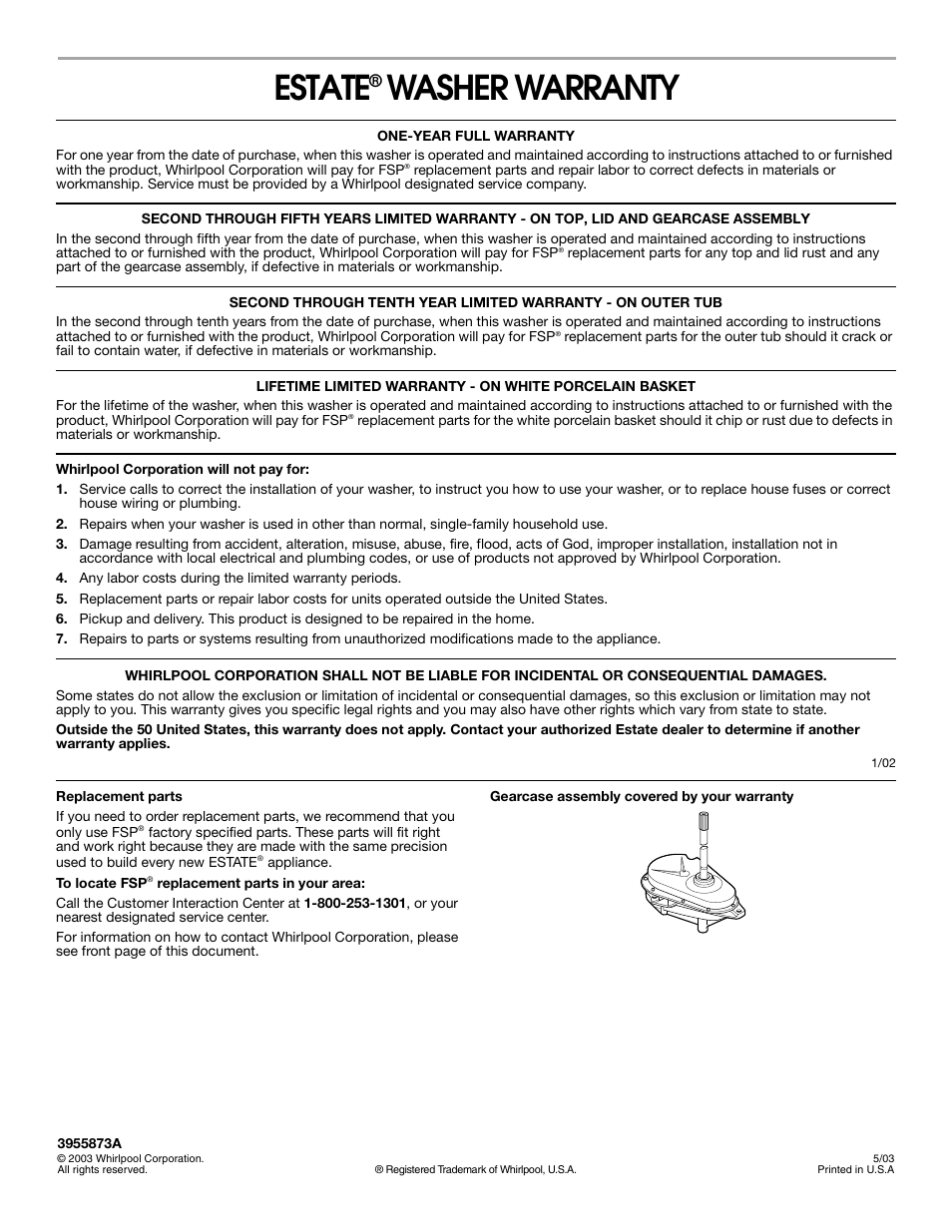 Estate, Washer warranty | Estate 3956873A User Manual | Page 8 / 8