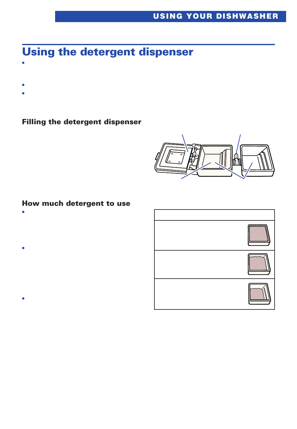 Using the detergent dispenser, Filling the detergent dispenser, How much detergent to use | Estate TUD4000 User Manual | Page 13 / 32