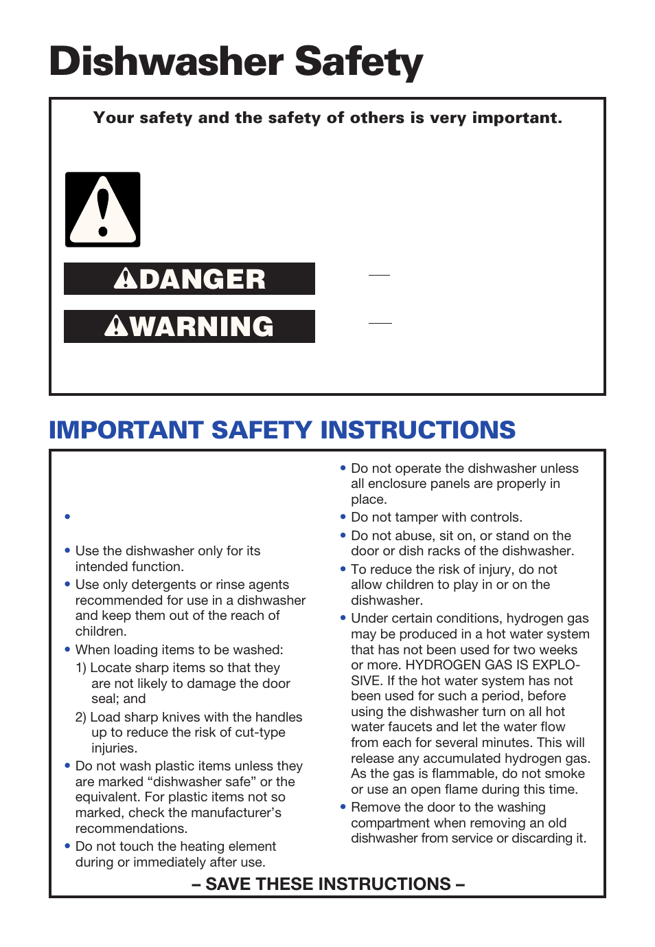 Dishwasher safety, Wdanger w warning, Important safety instructions | Estate TUD4000 User Manual | Page 3 / 32