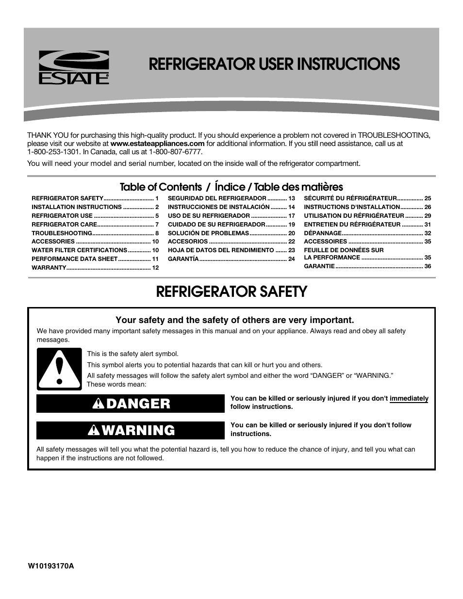 Estate Refrigerator W10193170A User Manual | 36 pages