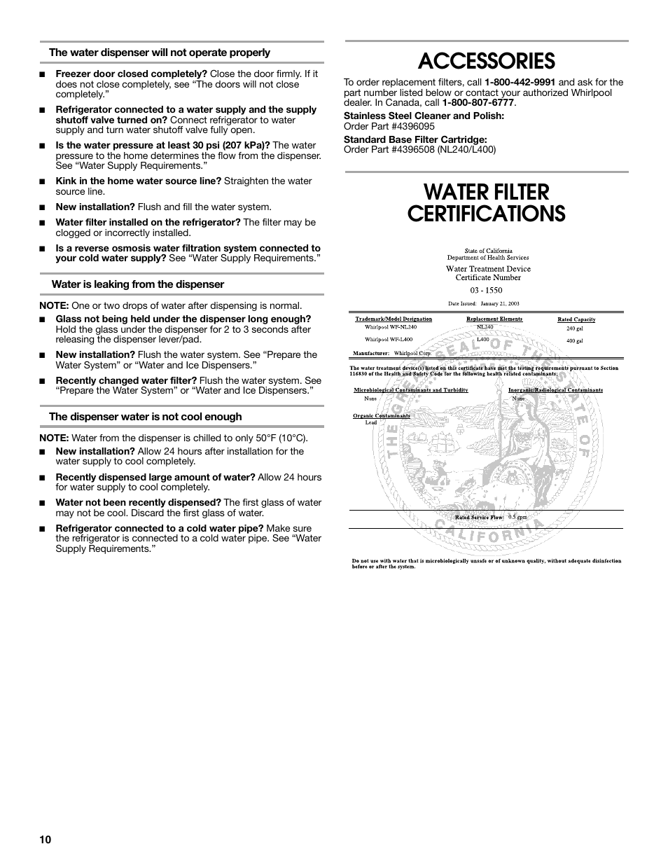 Accessories, Water filter certifications | Estate Refrigerator W10193170A User Manual | Page 10 / 36