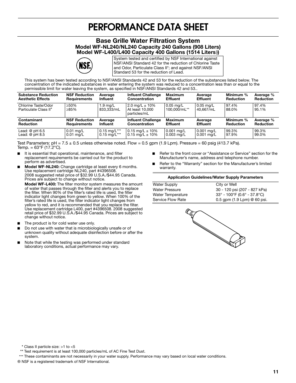 Performance data sheet, Base grille water filtration system | Estate Refrigerator W10193170A User Manual | Page 11 / 36