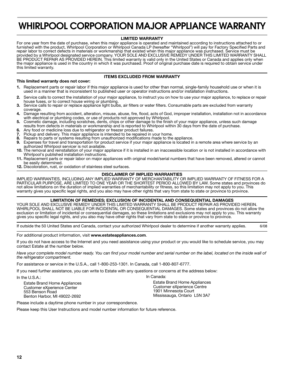 Whirlpool corporation major appliance warranty | Estate Refrigerator W10193170A User Manual | Page 12 / 36