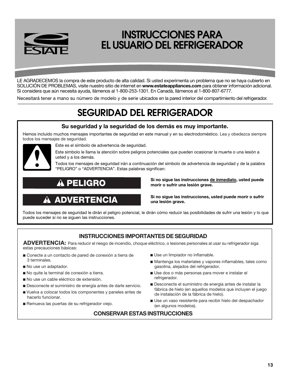 Instrucciones para el usuario del refrigerador, Seguridad del refrigerador, Advertencia peligro | Estate Refrigerator W10193170A User Manual | Page 13 / 36