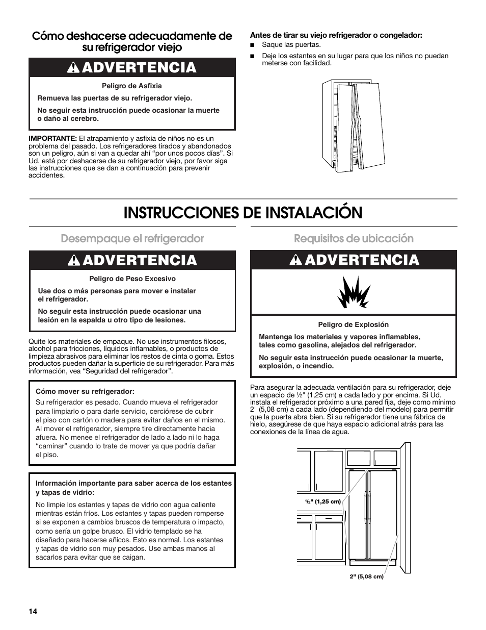 Instrucciones de instalación, Advertencia, Desempaque el refrigerador | Requisitos de ubicación | Estate Refrigerator W10193170A User Manual | Page 14 / 36