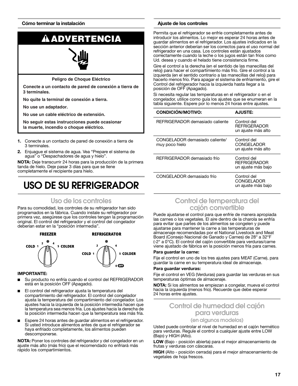 Uso de su refrigerador, Advertencia, Uso de los controles | Control de temperatura del cajón convertible, Control de humedad del cajón para verduras | Estate Refrigerator W10193170A User Manual | Page 17 / 36