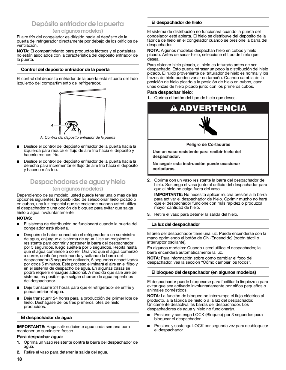 Advertencia, Depósito enfriador de la puerta, Despachadores de agua y hielo | Estate Refrigerator W10193170A User Manual | Page 18 / 36