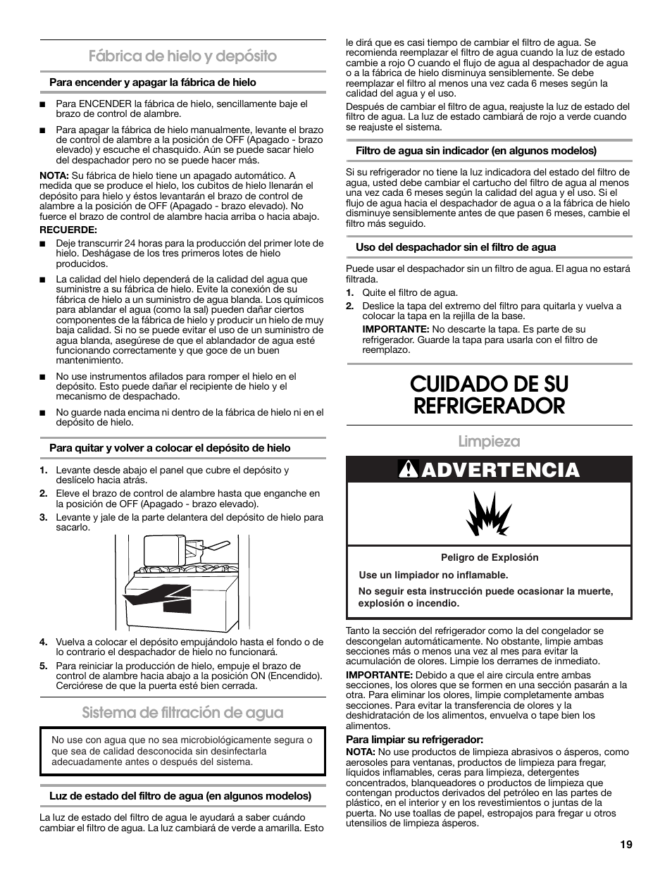 Cuidado de su refrigerador, Advertencia, Fábrica de hielo y depósito | Sistema de filtración de agua, Limpieza | Estate Refrigerator W10193170A User Manual | Page 19 / 36