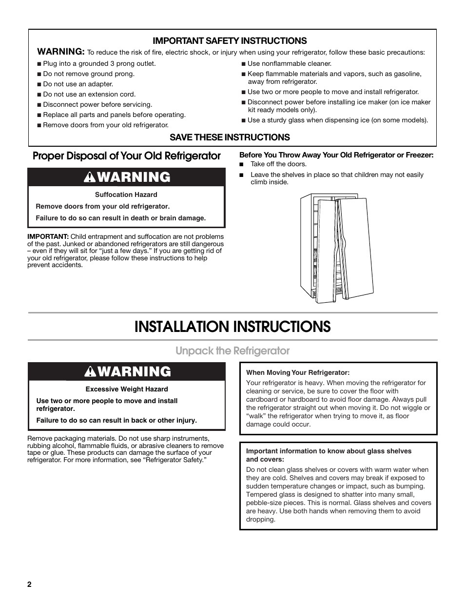 Installation instructions, Warning, Unpack the refrigerator | Proper disposal of your old refrigerator, Important safety instructions warning, Save these instructions | Estate Refrigerator W10193170A User Manual | Page 2 / 36