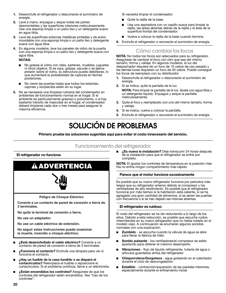Solución de problemas, Advertencia, Cómo cambiar los focos | Funcionamiento del refrigerador | Estate Refrigerator W10193170A User Manual | Page 20 / 36