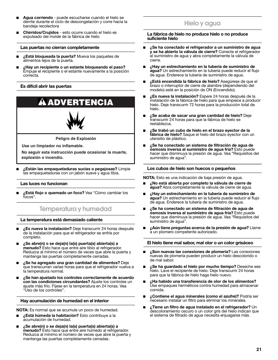 Advertencia, Temperatura y humedad, Hielo y agua | Estate Refrigerator W10193170A User Manual | Page 21 / 36