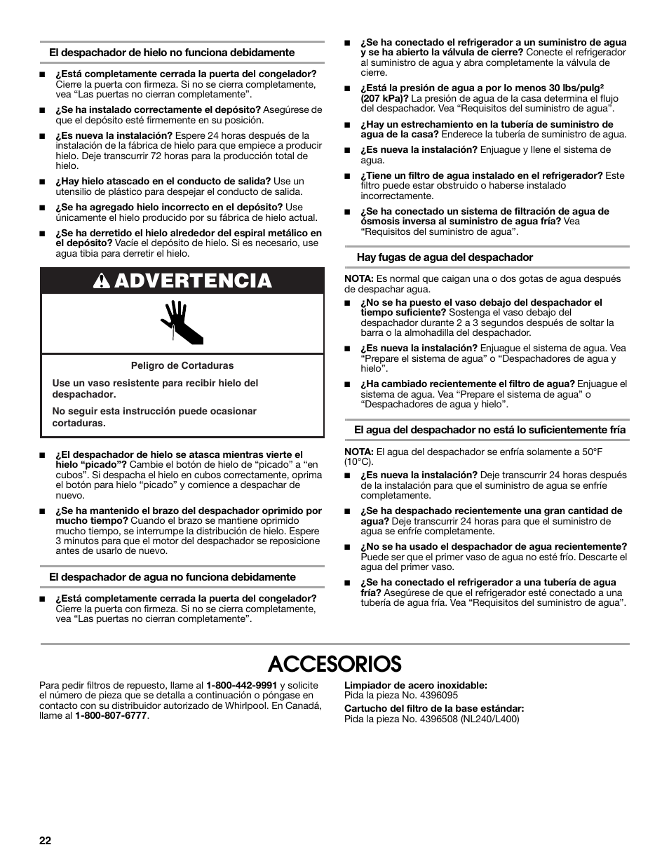 Accesorios, Advertencia | Estate Refrigerator W10193170A User Manual | Page 22 / 36