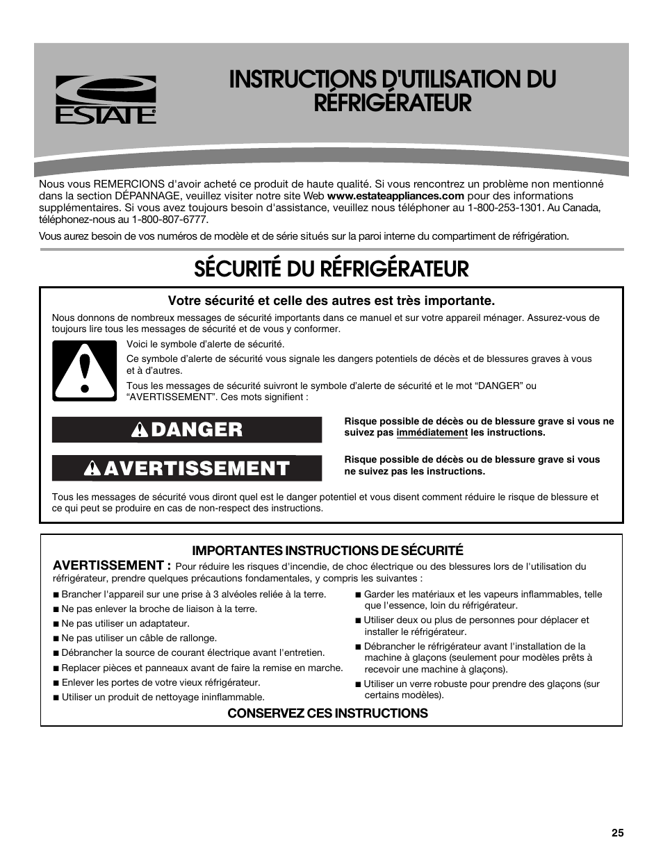 Instructions d'utilisation du réfrigérateur, Sécurité du réfrigérateur, Avertissement danger | Estate Refrigerator W10193170A User Manual | Page 25 / 36