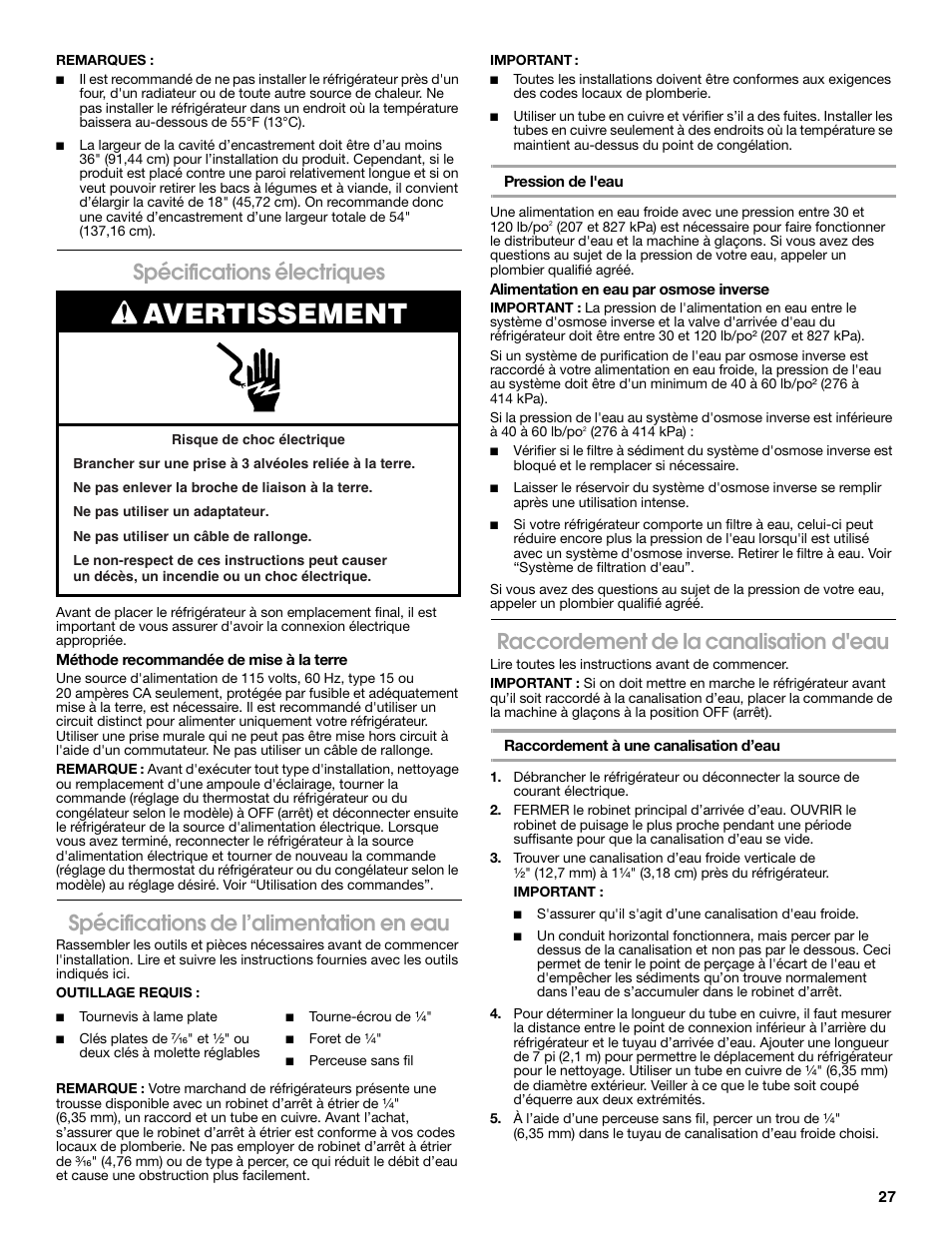 Avertissement, Spécifications électriques, Spécifications de l’alimentation en eau | Raccordement de la canalisation d'eau | Estate Refrigerator W10193170A User Manual | Page 27 / 36