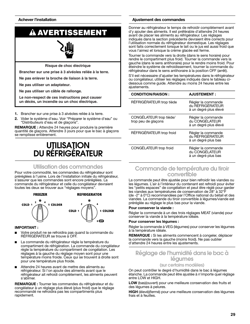 Utilisation du réfrigérateur, Avertissement, Utilisation des commandes | Commande de température du tiroir convertible, Réglage de l'humidité dans le bac à légumes | Estate Refrigerator W10193170A User Manual | Page 29 / 36