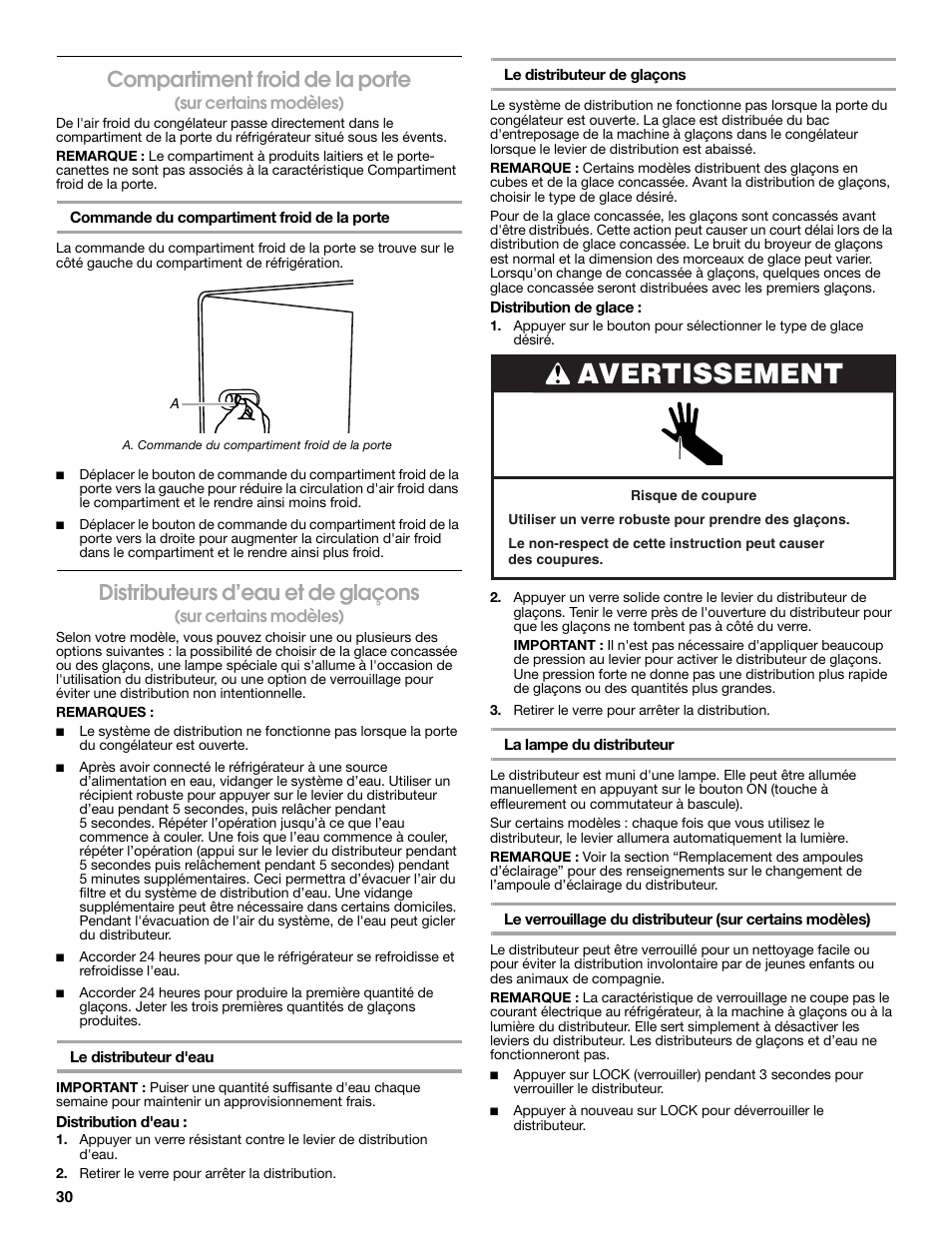 Avertissement, Compartiment froid de la porte, Distributeurs d’eau et de glaçons | Estate Refrigerator W10193170A User Manual | Page 30 / 36