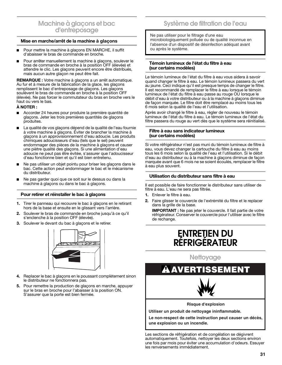 Entretien du réfrigérateur, Avertissement, Machine à glaçons et bac d'entreposage | Système de filtration de l'eau, Nettoyage | Estate Refrigerator W10193170A User Manual | Page 31 / 36
