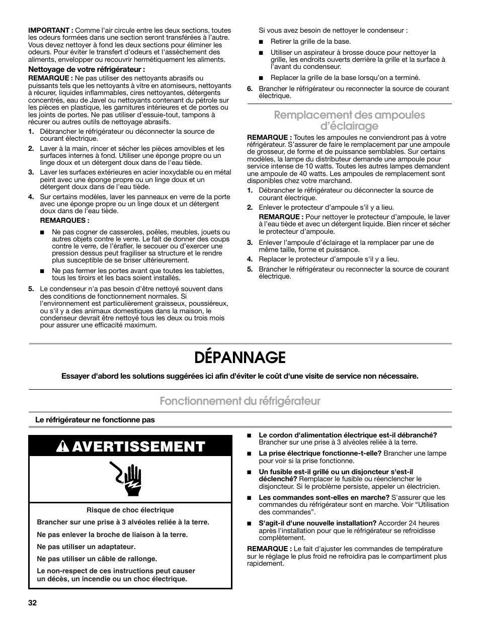 Dépannage, Avertissement, Remplacement des ampoules d’éclairage | Fonctionnement du réfrigérateur | Estate Refrigerator W10193170A User Manual | Page 32 / 36