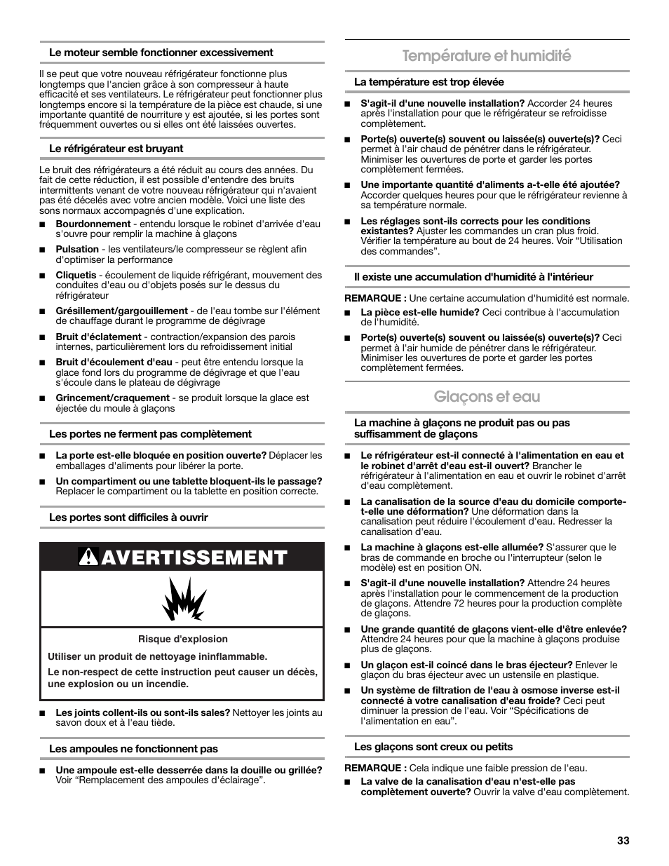 Avertissement, Température et humidité, Glaçons et eau | Estate Refrigerator W10193170A User Manual | Page 33 / 36