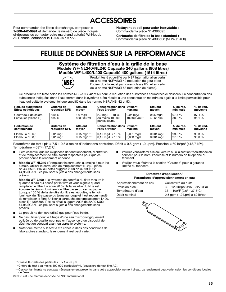 Accessoires, Feuille de données sur la performance, Système de filtration d’eau à la grille de la base | Estate Refrigerator W10193170A User Manual | Page 35 / 36