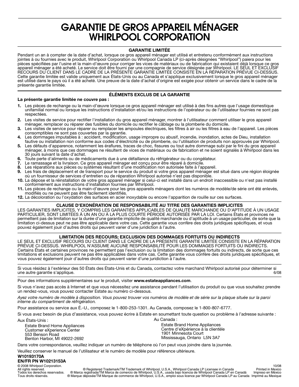 Estate Refrigerator W10193170A User Manual | Page 36 / 36