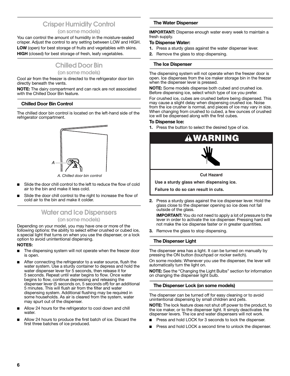Warning, Crisper humidity control, Chilled door bin | Water and ice dispensers | Estate Refrigerator W10193170A User Manual | Page 6 / 36