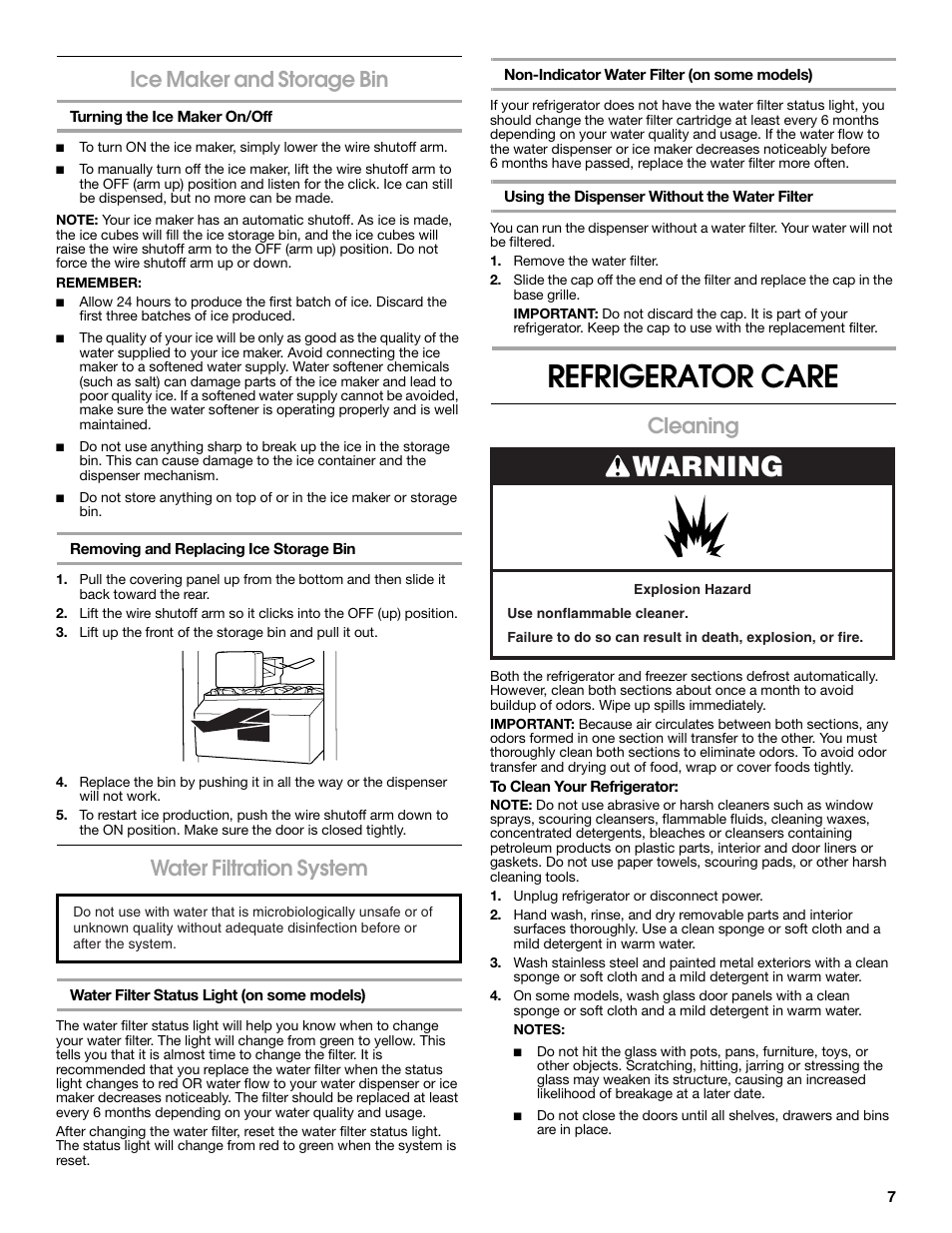 Refrigerator care, Warning, Ice maker and storage bin | Water filtration system, Cleaning | Estate Refrigerator W10193170A User Manual | Page 7 / 36